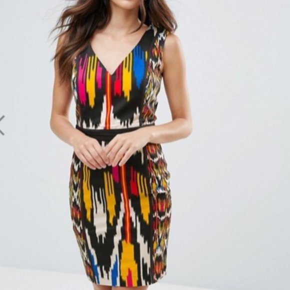 French Connection NEW Ikat Cotton Bodycon 2way Back Zipper Dress Black Red Sexy - Picture 2 of 12